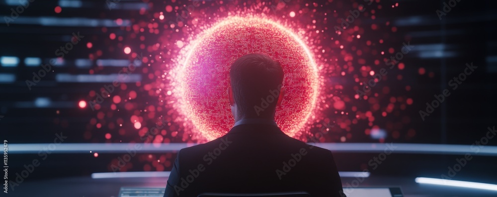 Poster a figure sits in front of a glowing, circular hologram, surrounded by a network of particles, creati