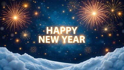 A design for Happy New Year card, banner, backdrop with HAPPY NEW YEAR texts in the center, around by stars and snowflakes 