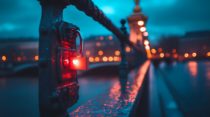Love lock with a heart shape on a bridge at twilight, romantic ambiance, city lights reflecting in water