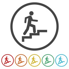 Man climbing stairs icon. Set icons in color circle buttons