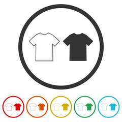 T shirt black and white icon. Set icons in color circle buttons