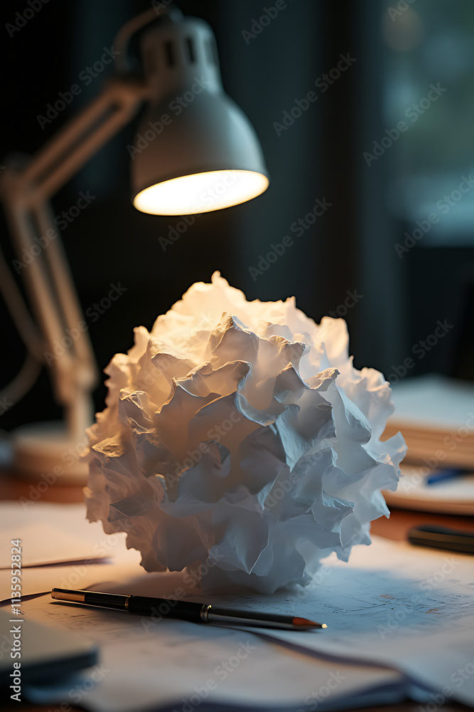 Aufkleber Concepts merge on a cluttered desk with a crumpled paper ball surrounded by a focused business approach and lamp light._00001_