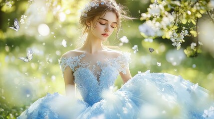 A young woman in a beautiful blue gown surrounded by soft light and butterflies in a serene garden setting. A magical moment captured.