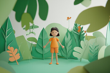 Child in orange outfit surrounded by vibrant green foliage