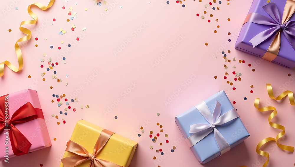 Poster colorful gift boxes with confetti and a flat lay design make for an ideal party background with crea