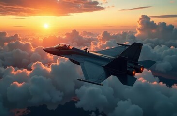 A military jet flies high above fluffy clouds, illuminated by a vibrant sunset. The aircraft's exhaust trails behind as the sun casts warm hues over the sky, creating a breathtaking atmosphere.