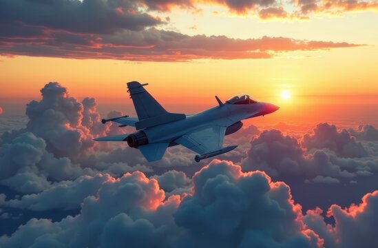 A fighter jet is flying gracefully through colorful clouds during sunset.