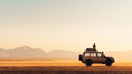 Fototapeta premium A lone vehicle stands on a vast, open landscape under a clear sky, symbolizing adventure and exploration.