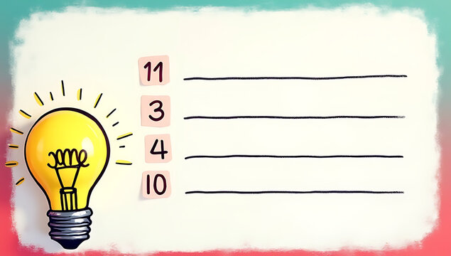 Colorful background features a cartoonish lightbulb symbol and a numbered list of creative ideas on a white board style layout._00001_