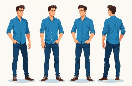 A young man stands confidently in a blue shirt and jeans, showcasing different poses. His hairstyle is modern, and he has a relaxed demeanor, ideal for character design or fashion sketches.