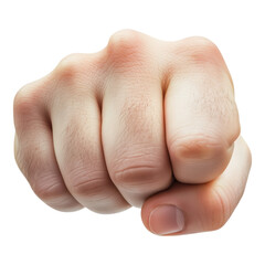 Close-up of a human fist in front view with a transparent background, symbolizing strength, power, and determination