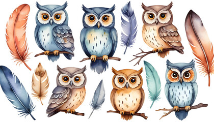 Fototapeta premium Watercolor owls and feathers set creating a cheerful and colorful illustration perfect for children's books, nursery decor, or any project that needs a touch of whimsy