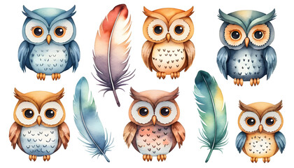 Fototapeta premium Watercolor owls and feathers set creating a cheerful and colorful illustration perfect for children's books, nursery decor, or any project that needs a touch of whimsy