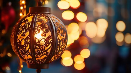 Close-up of an intricately carved lantern, glowing softly with warm light against the blurry background of festive decorations.