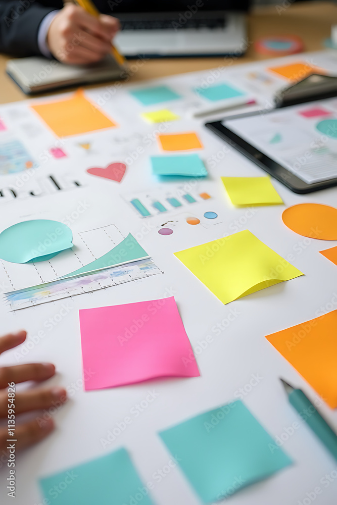 Poster business concepts with colorful paper and accessories are arranged on a table to visualize and plan 