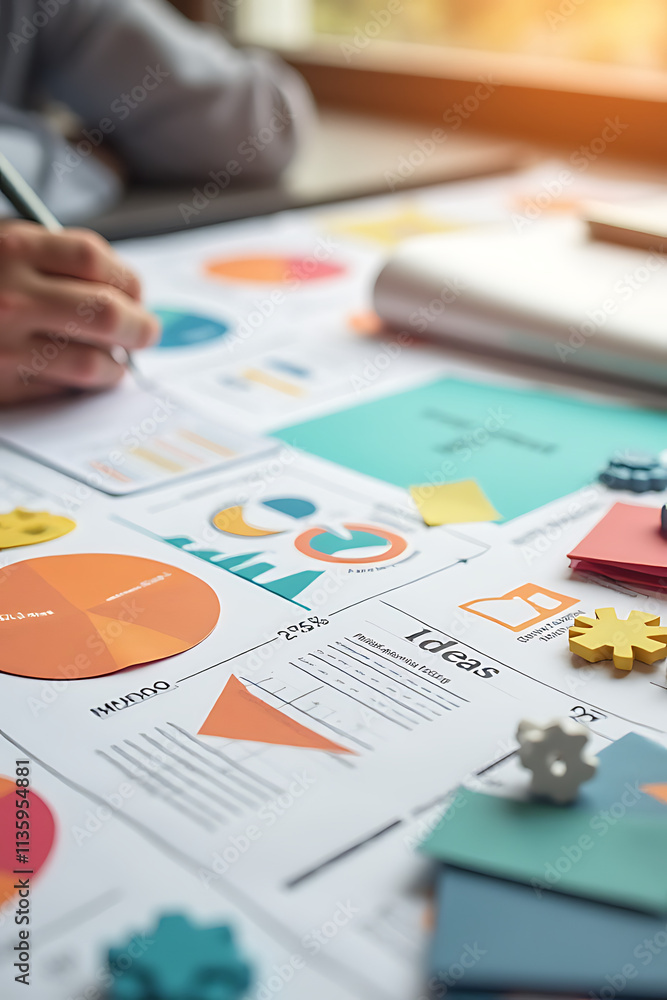 Poster business concepts with colorful paper and accessories are arranged on a table to visualize and plan 