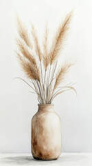 Naklejka premium Rustic vase with pampas grass in soft watercolor style