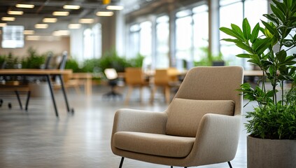 Modern Office Lounge Chair with Plants, Cozy Workspace Interior
