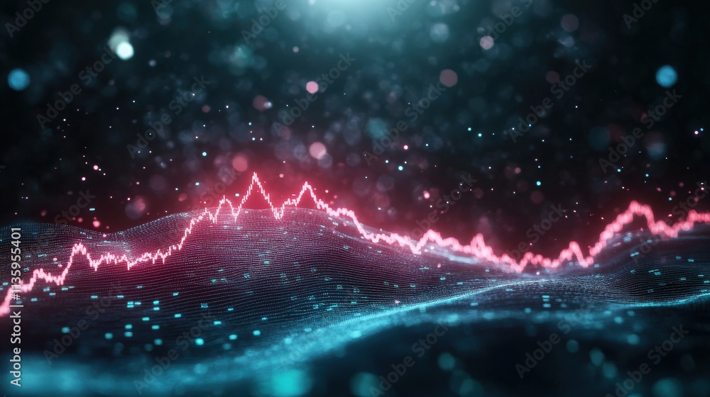 Poster a vibrant, digital wave pattern showcases fluctuating data points in pink and blue, set against a co