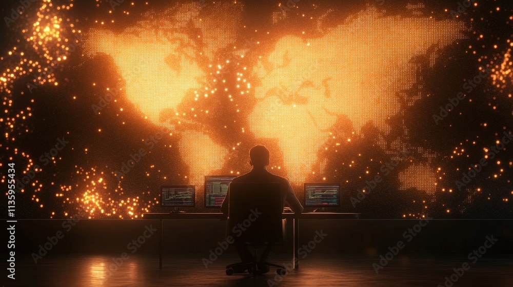 Poster a person observes a glowing, digital world map on a large screen, surrounded by monitors, suggesting