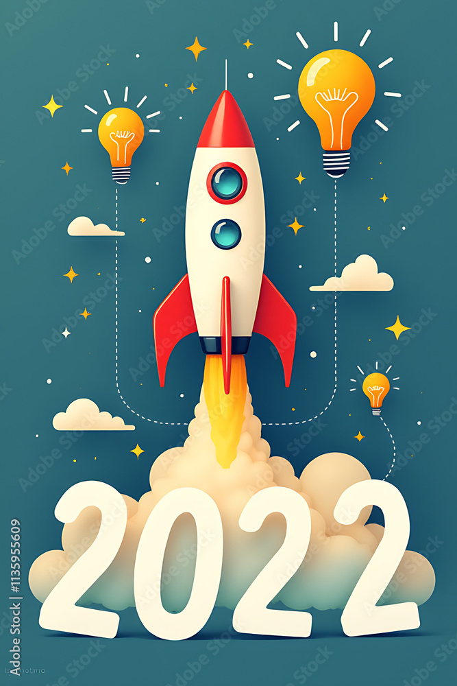 Poster blast off into creativity with fresh ideas for 2022 featuring a rocket, light bulb, and numbered con