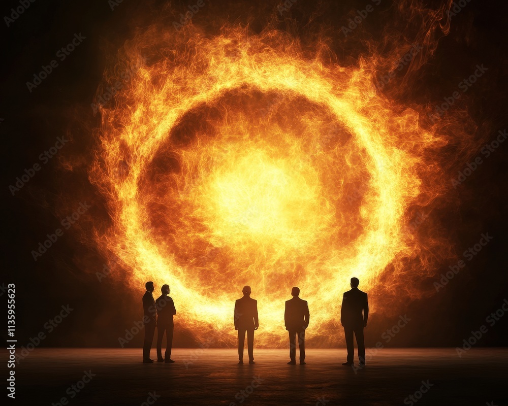 Poster a group of silhouetted figures stands before a large, fiery circular formation, creating a dramatic 