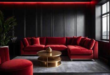 Luxurious Red Velvet Sectional Sofa in a Modern, Dark Interior. Generative AI
