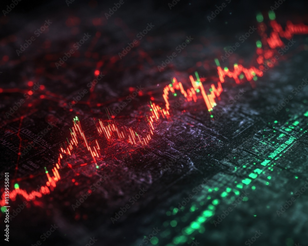 Poster a vibrant digital graph displaying fluctuating red and green lines, representing market trends and d