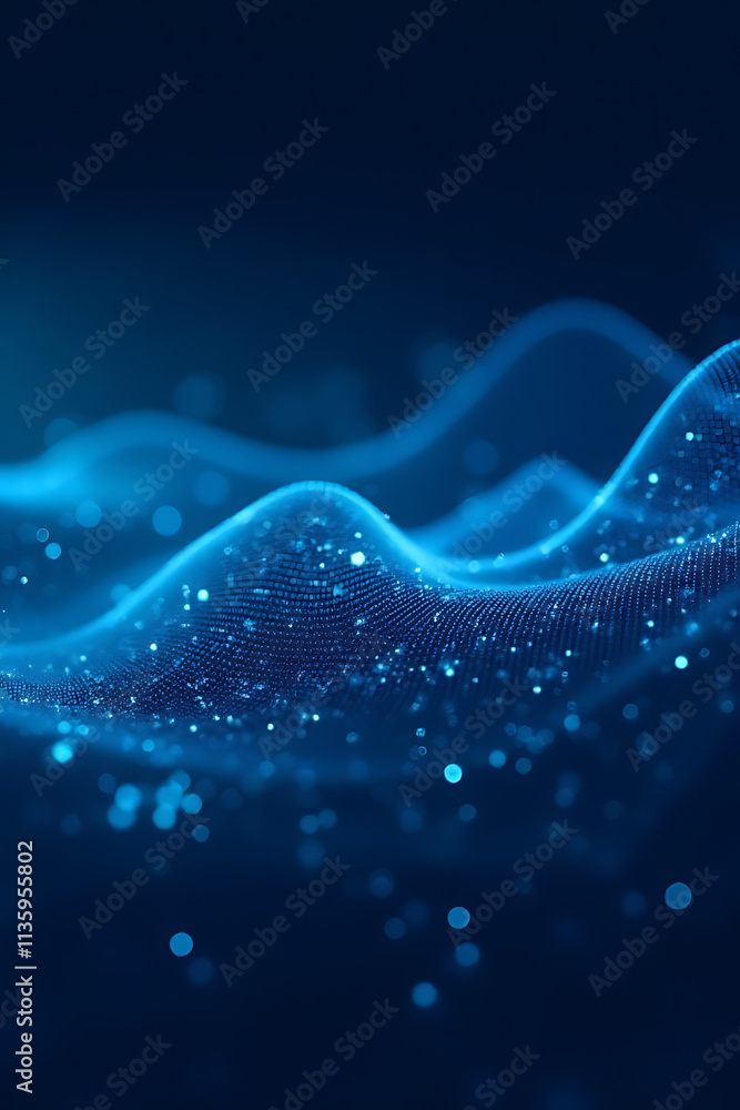 Poster background of abstract line innovation flows into a data wave network in blue on a cyber wall of tec