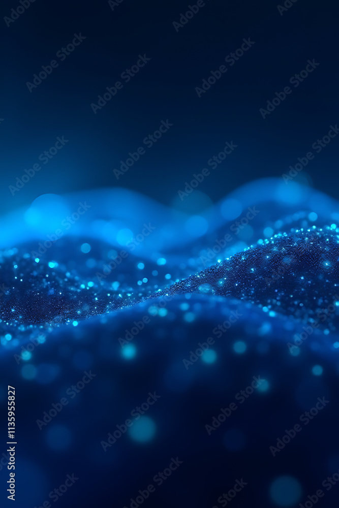 Poster background of abstract line innovation flows into a data wave network in blue on a cyber wall of tec