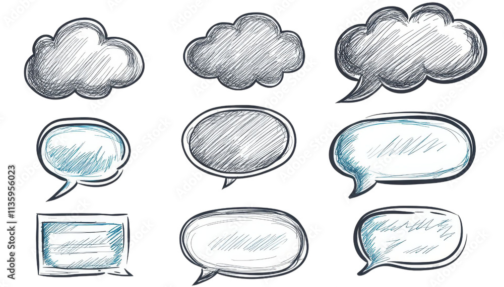 Poster hand-drawn sketch style speech bubbles and thought clouds set for design projects