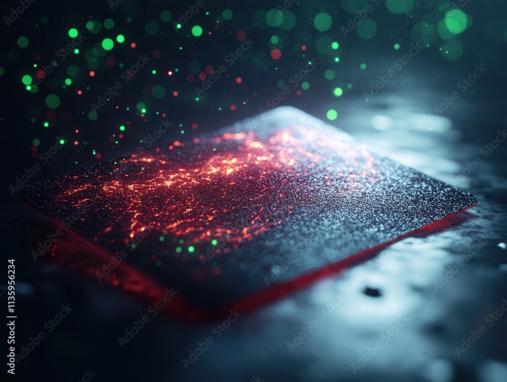 Poster a glowing surface with vibrant red and green particles, creating a dynamic, futuristic atmosphere re