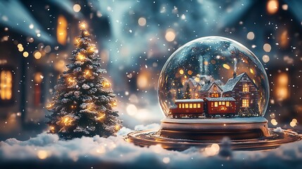A festive snow globe featuring a tiny train circling a snowy Christmas tree surrounded by glowing cottages, swirling snowflakes illuminated by soft golden light,