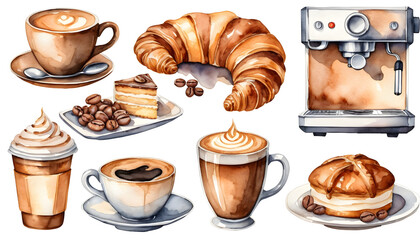 Watercolor set featuring various coffee drinks, including espresso, cappuccino, latte, mocha, and french press, alongside croissants, coffee beans, and delectable cakes