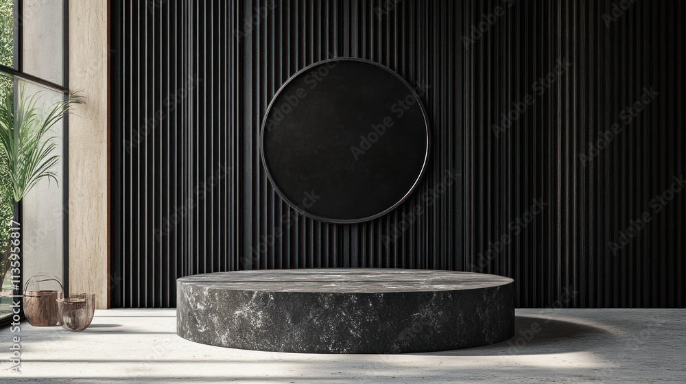 Poster dark marble display platform with black circular frame