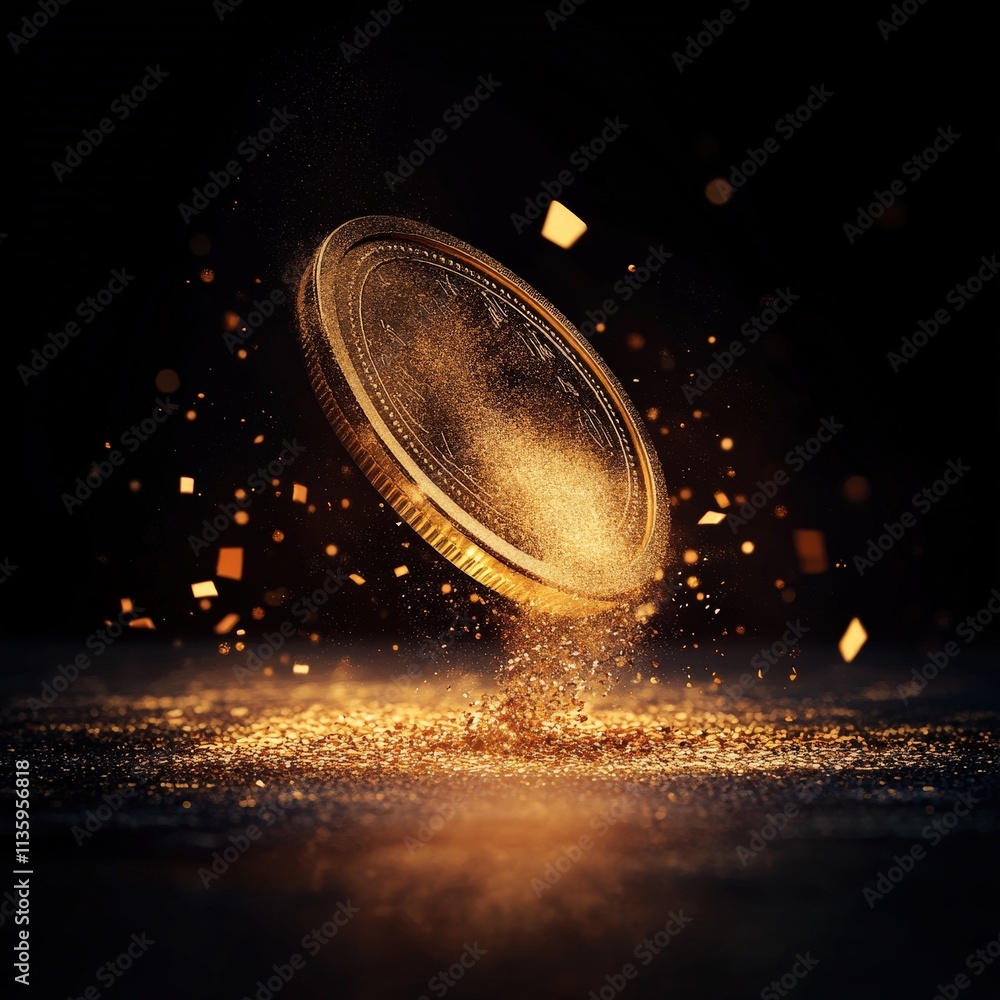 Aufkleber a glowing coin surrounded by sparkling particles, symbolizing wealth and value against a dark backdr