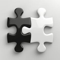 Two interlocking puzzle pieces, one black and one white, demonstrate the concept of unity and contrast. This image symbolizes cooperation despite differences, evoking thoughts of balance.