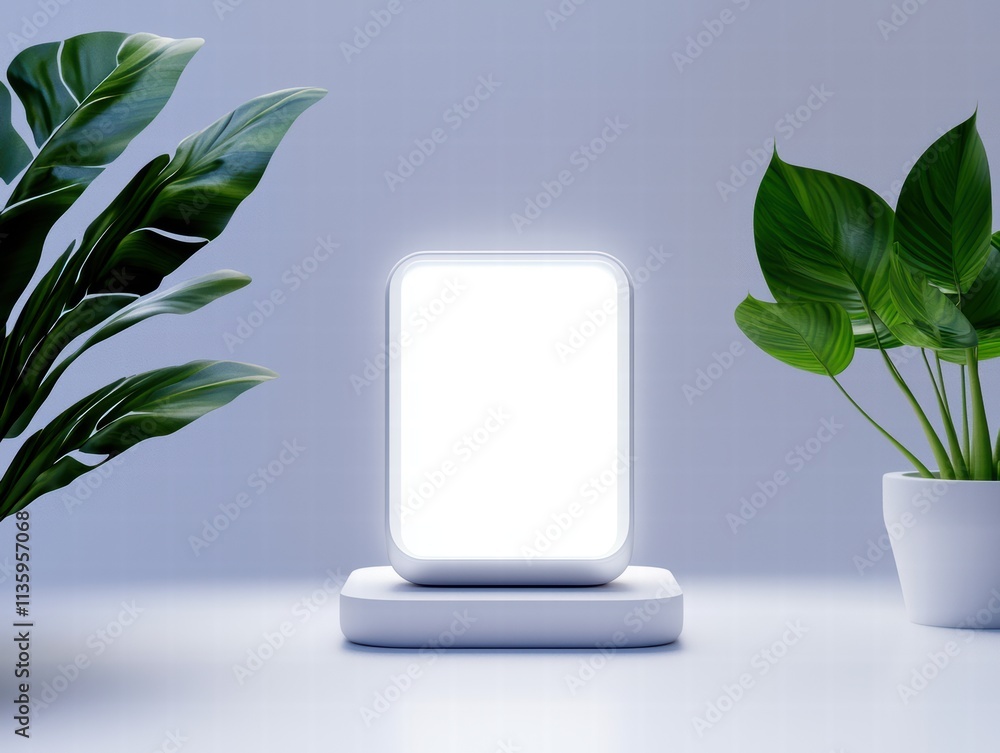 Poster a sleek lamp glows softly between two lush green plants, creating a tranquil and modern atmosphere i