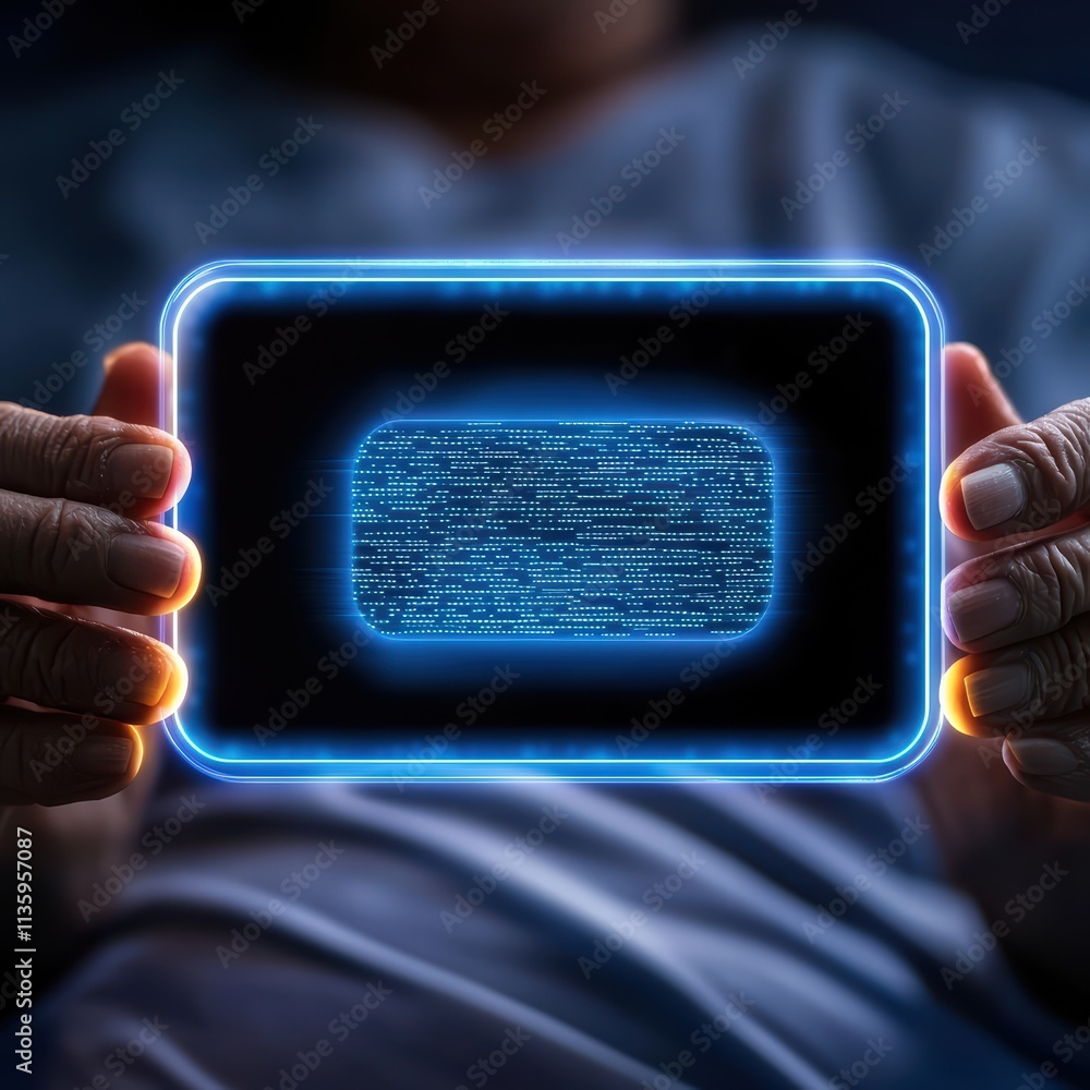 Poster a person holds a glowing digital device displaying abstract data, reflecting themes of technology, i