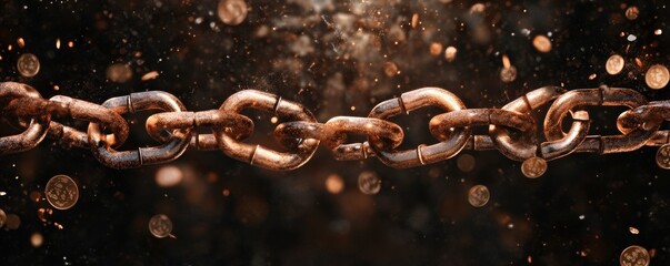 A close-up view of an old, rusty chain link with particles of dust illuminated, creating a dramatic and textured background.