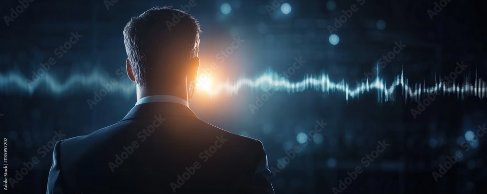 Poster a silhouette of a man in a suit stands before a glowing sound wave, symbolizing technology and data 