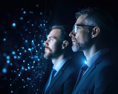 Two professionals observe a digital network, symbolizing innovation and technology in a modern, corporate setting.