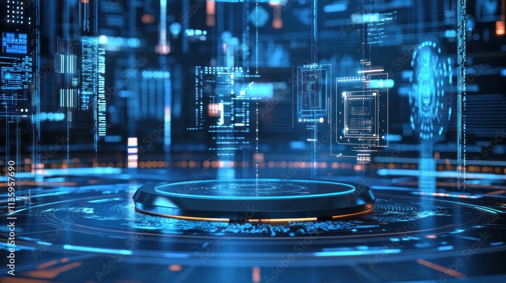 Poster futuristic digital interface platform holographic data display