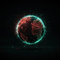 Obraz premium A glowing digital globe with vibrant red and green elements, showcasing a futuristic representation of Earth against a dark background.