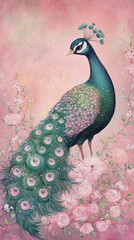 whimsical peacock surrounded by pink flowers, showcasing vibrant colors and charm