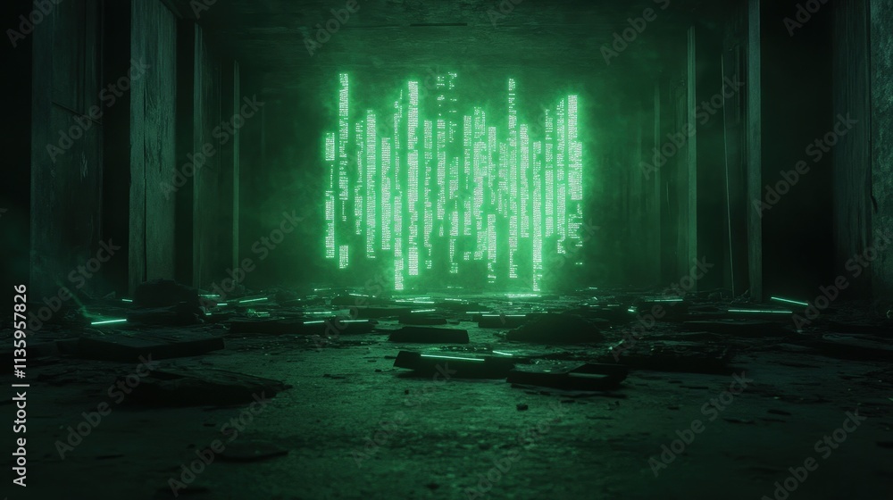 Poster a dimly lit space with a glowing green matrix of code, creating an eerie, digital atmosphere amidst 