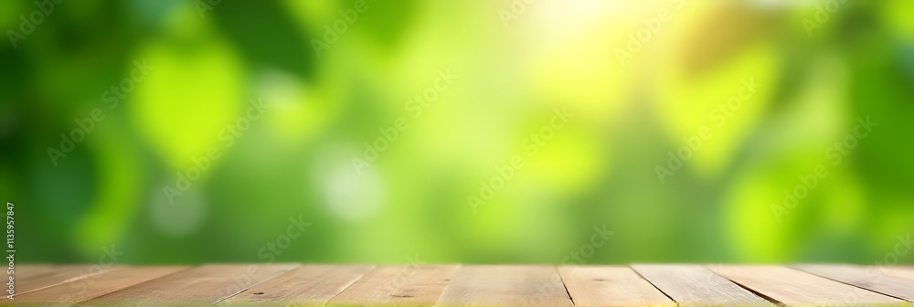 Poster a wooden table top with a blurred green leaf garden background in a soft focus bokeh effect on real 