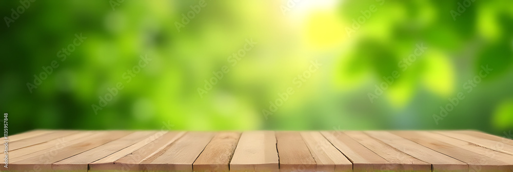 Poster A wooden table top with a blurred green leaf garden background in a soft focus bokeh effect on real photographs._00001_
