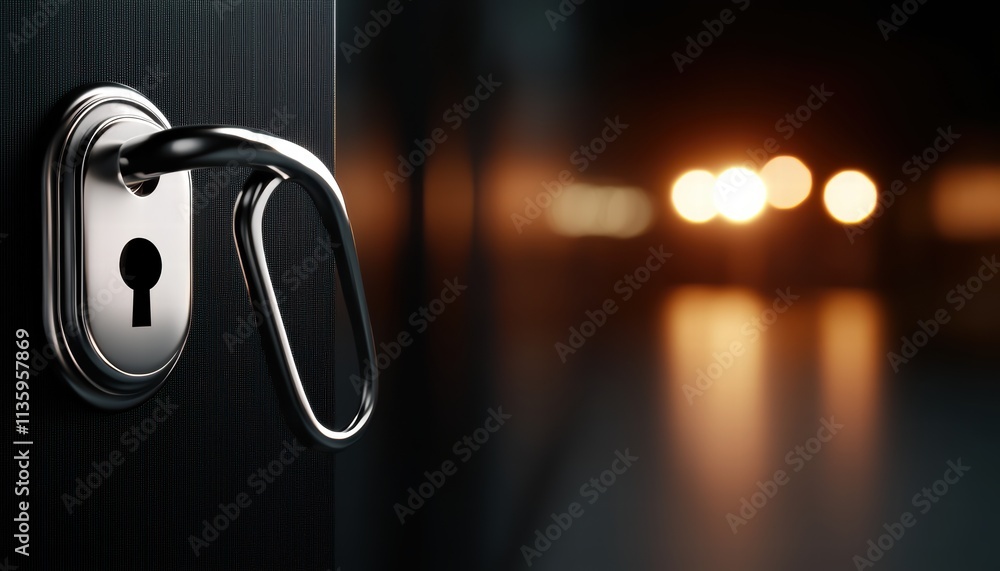 Poster a close-up of a metallic keyhole on a dark door, with soft glowing lights in the background, creatin