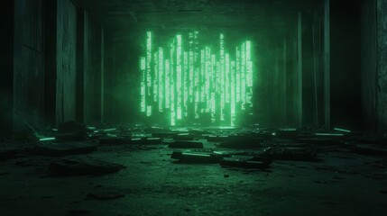 Fototapeta premium A dimly lit space with a glowing green matrix of code, creating an eerie, digital atmosphere amidst debris on the floor.